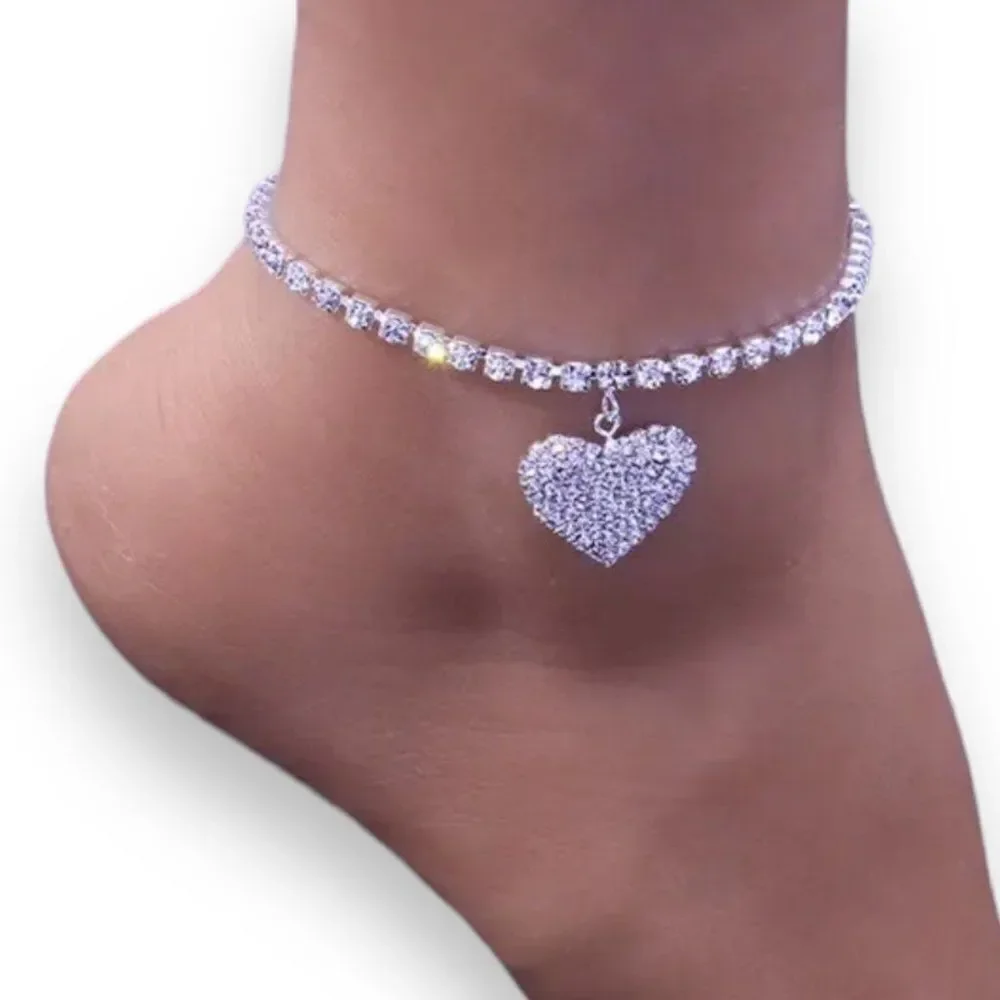 Silver Sparkle Charming Heart Tennis Bracelet Anklet  NEW